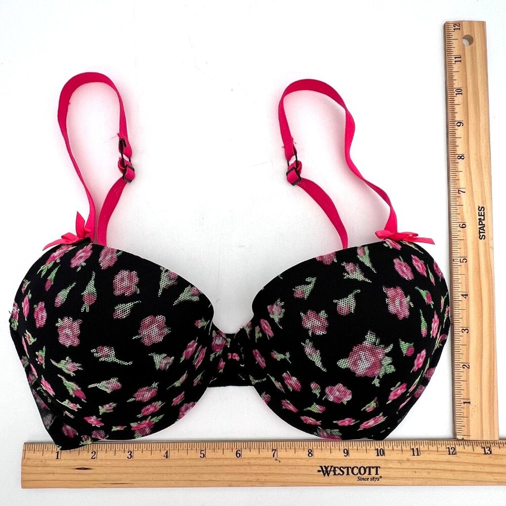 Betsey Johnson Intimates Black Bra Lingerie With Pink Floral Rose Pattern 32DD - Picture 11 of 12